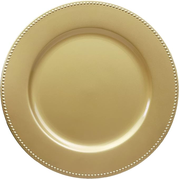 Set of 12 Gold Charger Plates with Beaded. 13" Reusable Plastic Table Chargers for Dinner Plates