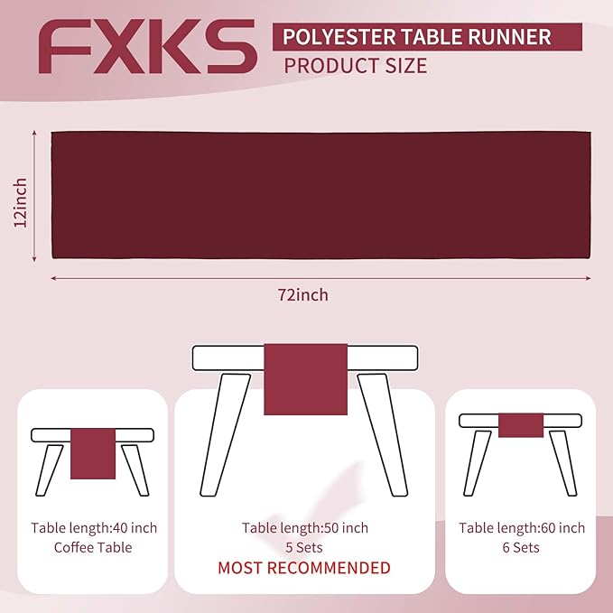 12 Pack Burgundy Table Runner 6FT Table Runners, 12x72 inch Rustic Farmhouse Polyester Table Runner, Washable and Reusable Table Runners for Wedding Birthday Parties Banquet Christmas Decorations