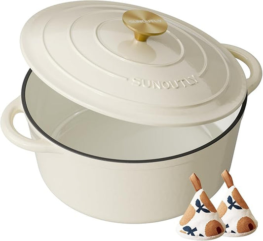 Enameled Cast Iron Dutch Oven - 6QT Pot with Lid & Cotton Potholders - Heavy-Duty Cookware for Braising, Stews, Roasting, Bread Baking, Oven Safe up to 500째 F & Across All Cooktops, Cream White