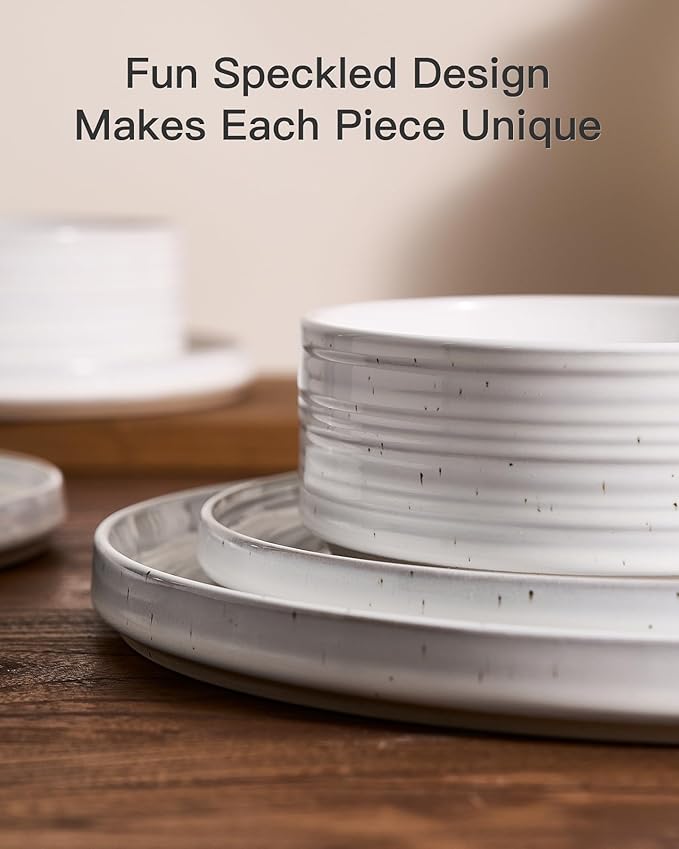 Plates and Bowls Sets for 6, Famiware Premium 18-Piece Stoneware Dinnerware Set - Reactive Glaze with Speckles & Spirals, Chip & Scratch Resistant, Dishwasher Safe, Dish Set with Gift Box, White