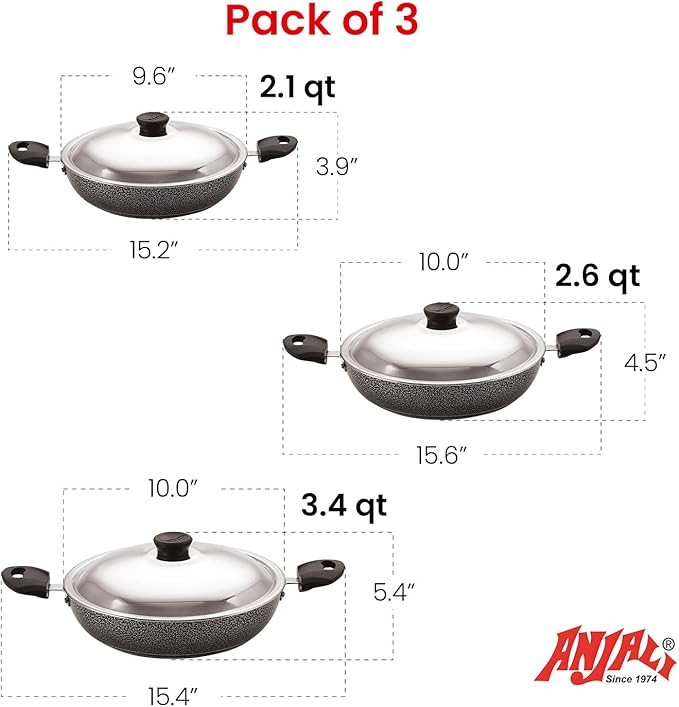 ANJALI Wok Set ??3pc Nonstick Deep Woks with Stainless Steel Lids (2.1 qt, 2.6 qt, 3.4 qt) | Diamond-Infused Coating | For Stir-Fry, Curries & Deep Frying | Dishwasher Safe