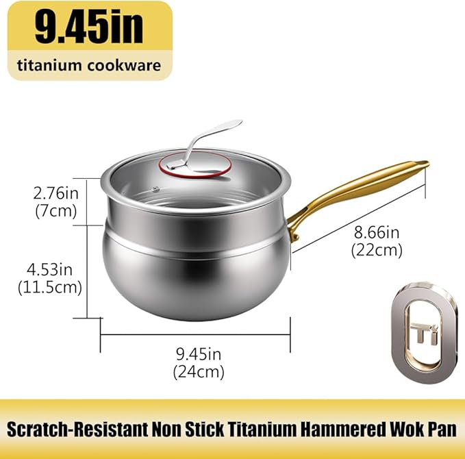 Titanium Hammered Pan with Lid, Thickened Multi-Layer Titanium Wok Pan, Scratch-Resistant Non Stick Stock Pot, Even Heating for Cooking,With steamer,9.45IN