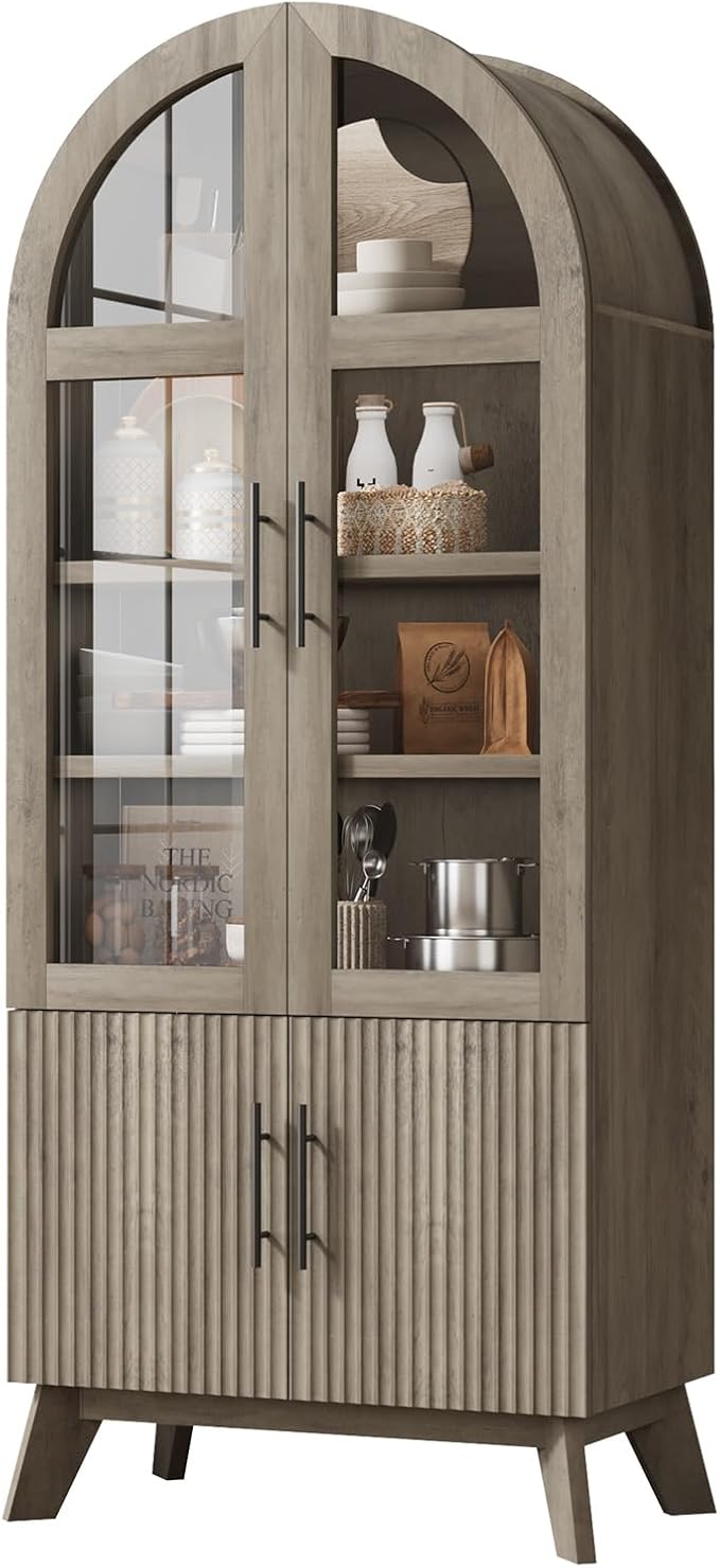 QUW 71" Tall Arched Kitchen Pantry Cabinet, Modern Fluted Display Cabinet with Glass Door & Adjustable Shelves, Storage Cabinet for Kitchen, Living Room, Dining Room, Bathroom, Grey