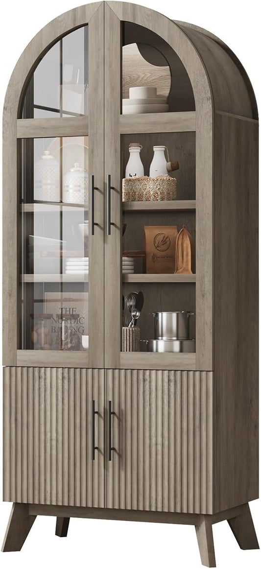 QUW 71" Tall Arched Kitchen Pantry Cabinet, Modern Fluted Display Cabinet with Glass Door & Adjustable Shelves, Storage Cabinet for Kitchen, Living Room, Dining Room, Bathroom, Grey