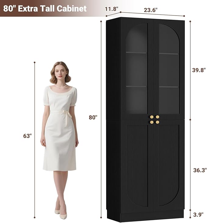 Cyclysio 80" Kitchen Pantry Cabinet, Tall Arch Storage Cabinet with Glass Doors, Freestanding Wood Floor Cupboard Bookcase with Seamless Fit Wall for Dining Room, Living Room, Bathroom (Black)