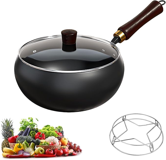 Japanese Frying Pan, Woks & Stir-Fry Pans with Stainless Steel Pot Support, Nonstick Wok, No Chemical Coated Flat Bottom Hand Hammered Chinese Wok For Gas (Glass lid, 28)