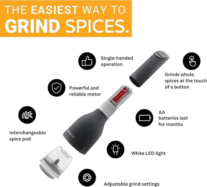FinaMill Classic Battery Spice Mill ??Battery Operated Salt and Pepper Grinder Set, Includes 2 Interchangeable Spice Pods, Adjustable Coarseness, Ceramic Grinder, LED Light, Kitchen Gifts for Women