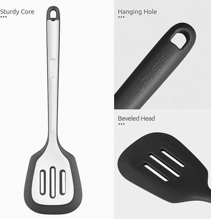 600쨘F Heat Resistant Slotted Turner: U-Taste 13.6in Silicone Kitchen Spatula Flipper, 3.74in Wide Food Grade Flexible Thin Rubber Cooking Utensil for Egg, Pancake, Cookie in Nonstick Cookware (Black)