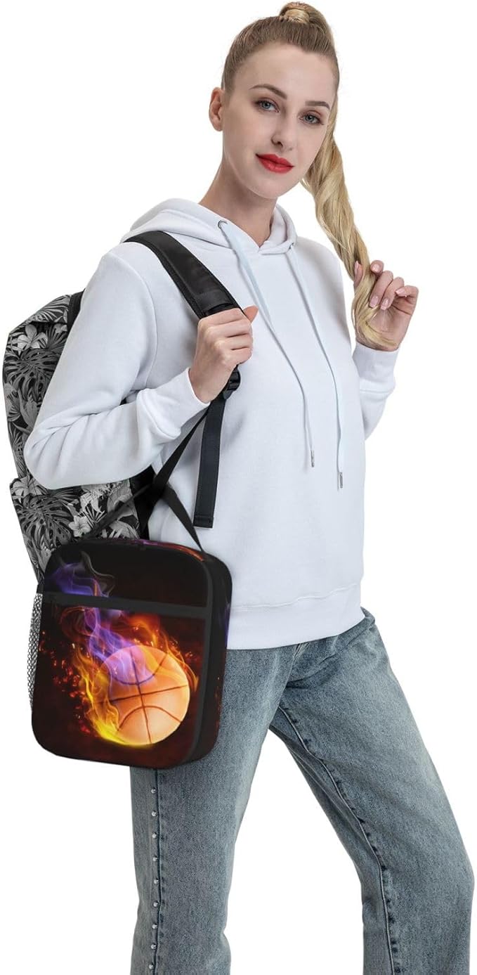 Basketball Lunch Box with Fire Pattern, Sports-themed Lunch Bag for Kids Teens Adults Boys Men, Insulated Leakproof Waterproof Reusable Lunch Bags Portable Durable Cooler Tote Bag with Mesh Pocket
