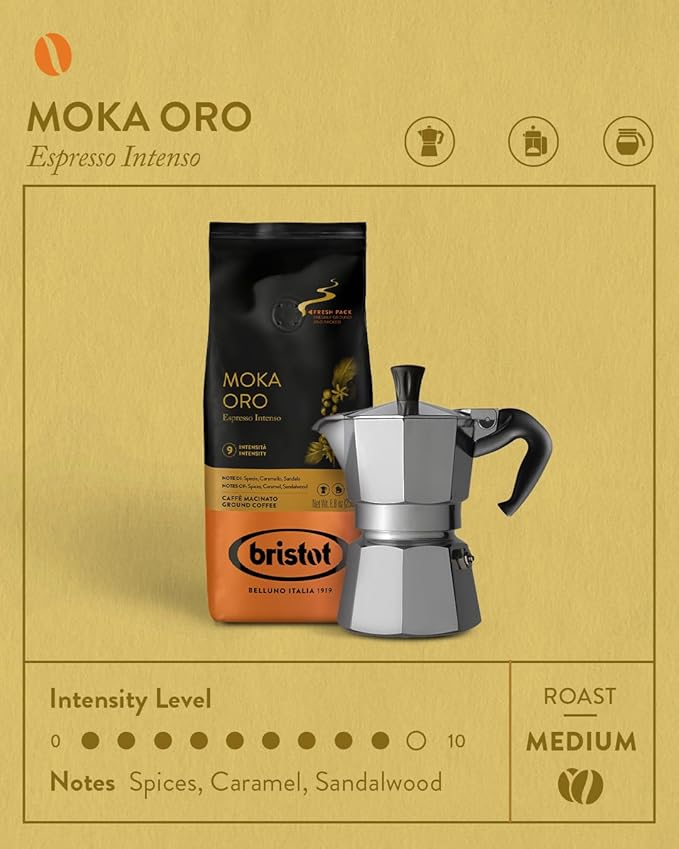 Bristot Moka Oro Ground Coffee ??Italian Espresso ??Medium Roast ??Notes of Spices, Caramel & Sandalwood ??For Moka, French Press, Pour Over ??8.8oz (250g)