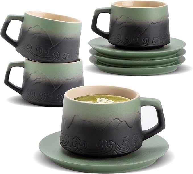 ZENS 8 Ounce Cappuccino Cups Set of 4, Embossed Artistic Cappuccino Mug with Saucers for Latte Art, Ceramic Coffee Cups for Au Lait Cafe or Matcha Tea Cup Gifts, Moss Green & Black