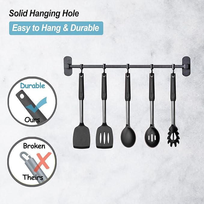 Silicone Spatula and Cooking Spoon,5 Pack Non-Stick Cooking Utensils for Kitchen竊똇eat Resistant Solid & Slotted Spoons and Spatulas, Stainless Steel Handle Coated with Silicone,Black