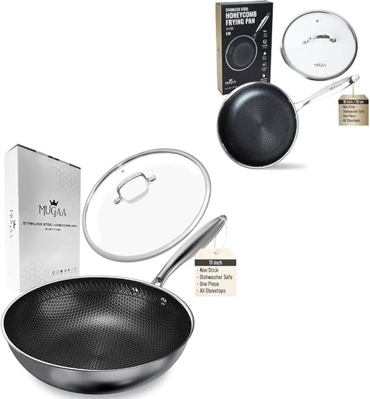 Nonstick Stainless Steel Pan Set ??11??Wok with Lid + 10??Frying Pan with Lid, Tri-Ply Honeycomb Hybrid Pans, Premium Kitchen Bundle