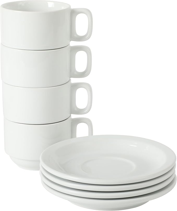 Gibson Home Gracious Dining 7-Ounce Cappuccino Cups Set of 4, Stackable Coffee Cups with 4 Saucers, Metal Stand, Coffee Mugs for Latte, Caf챕, Mocha, Tea