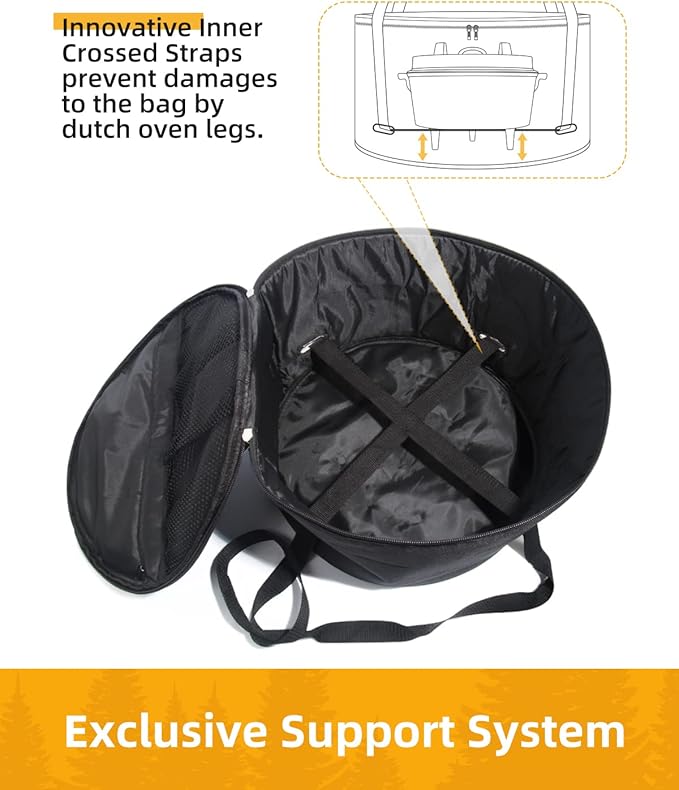 Dutch Oven Bag for 14 Inch Dutch Oven, Carry Bag with Extra Inner Crossed Straps & 2 Pockets