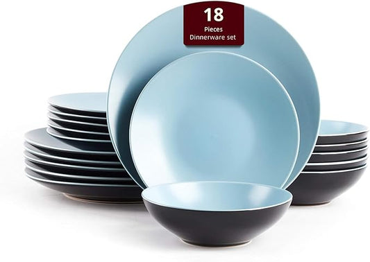 Stoneware Two-Tone Colors Life 18pc Dinner Set竊똎utside Shiny Black + Inside Turquoise
