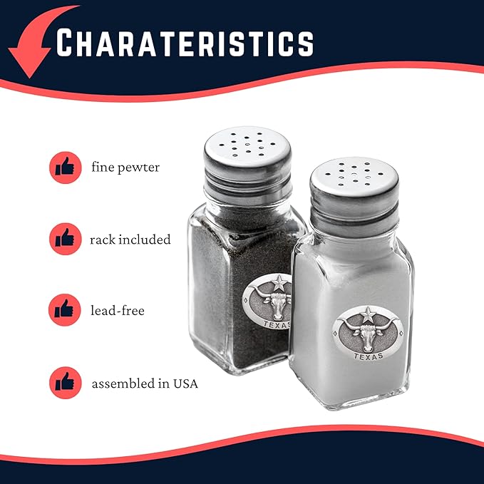 Heritage Pewter Longhorn with Texas Salt and Pepper Shaker Set of 2 Bottles | Expertly Crafted Pewter Glass