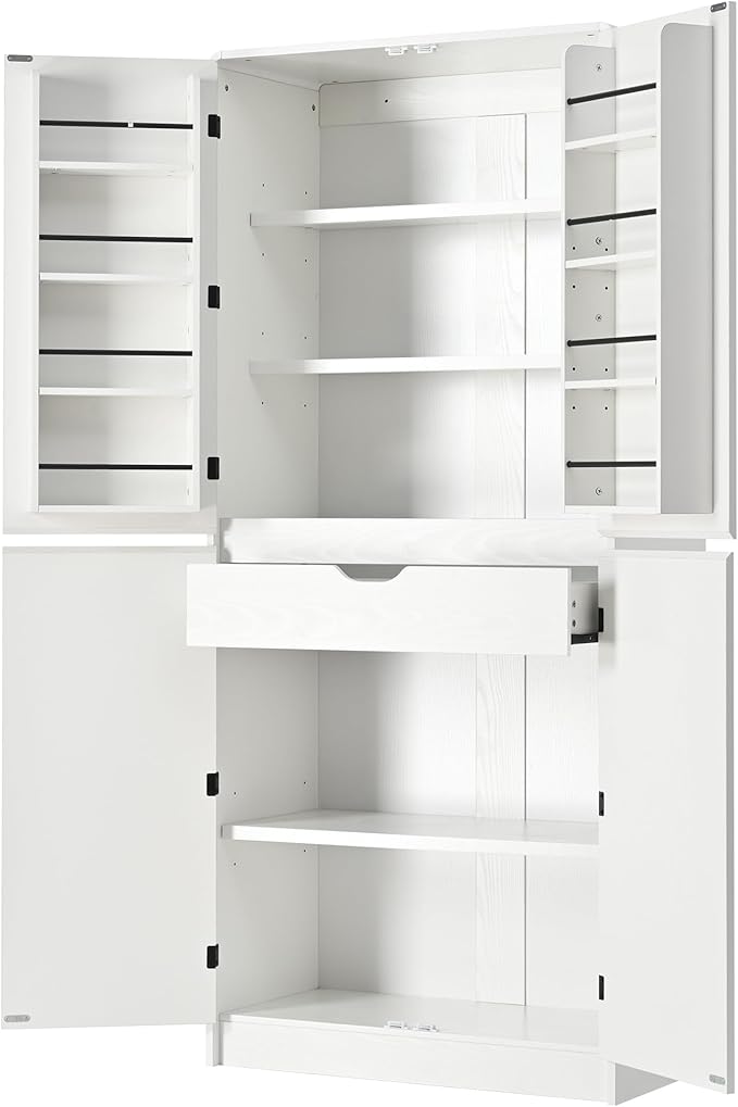 72" Farmhouse Tall Kitchen Pantry Cabinet, Wood Storage Cabinets with Hidden Drawer and 3 Adjustable Shelves, Cupboard with Door Shelves for Kitchen, Dining and Bathroom, White