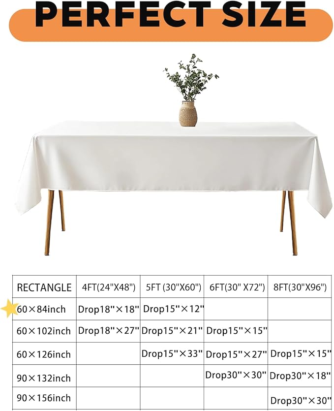 TWINPRET Rectangle Tablecloth 60 x 84 Inch, White Waterproof Washable Polyester Table Cloth - Stain & Oil Resistant Rectangular Table Cover for Banquet & Party (Fits 4 Foot Tables) [2 Pack]