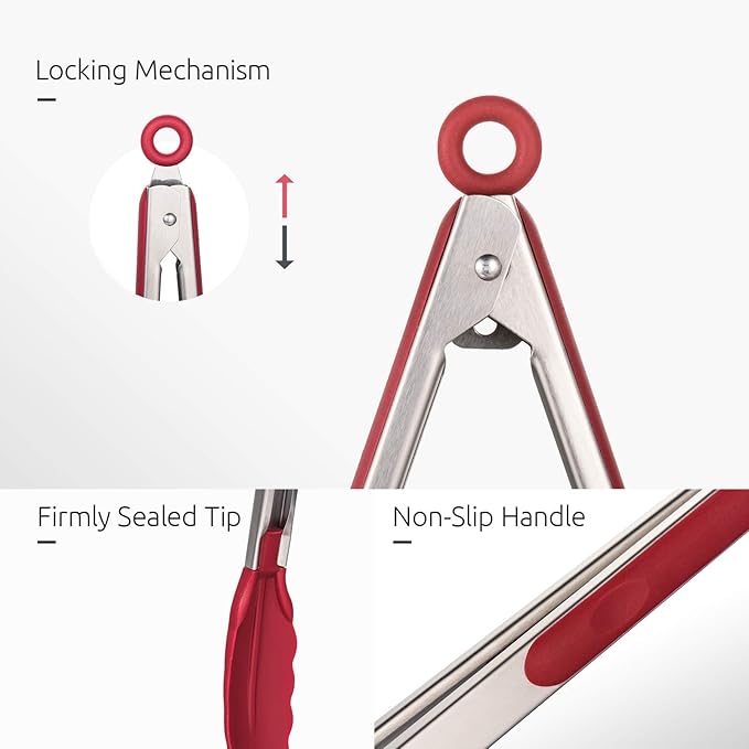 U-Taste Kitchen Tongs, 7/9/12 inches Cooking Tongs, with 600쨘F High Heat-Resistant Non-Stick Silicone Tips, 18/8 Stainless Steel Handle, for Food Grill, Salad, BBQ, Frying, Serving, Pack of 3(Red)
