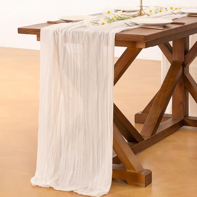 Socomi 6pcs Ivory White Cheesecloth Table Runner Valentine's Day Boho Rustic Gauze 120 inch 10FT Cheese Cloth Runner for Wedding Party Baby Shower Birthday Home Decor Holiday Decorations