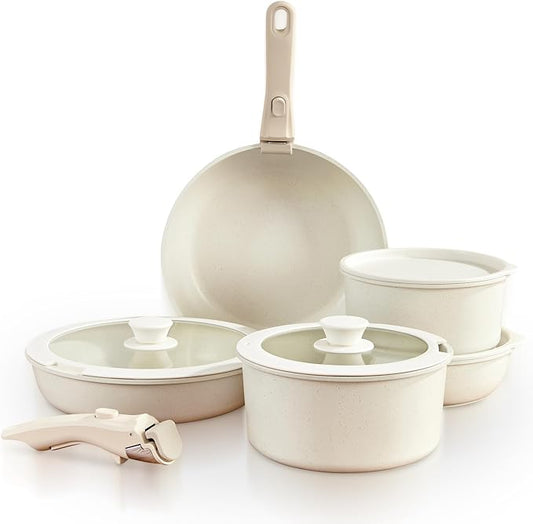 GOURMETIFIC짰 Pots and Pans Cookware Set [11 PIECES] - Non Toxic Ceramic Coated Cooking Ware - Induction, Gas & Oven Kitchenware - Non Stick Pot & Pan with Removable Handles & Stackable (Cream)