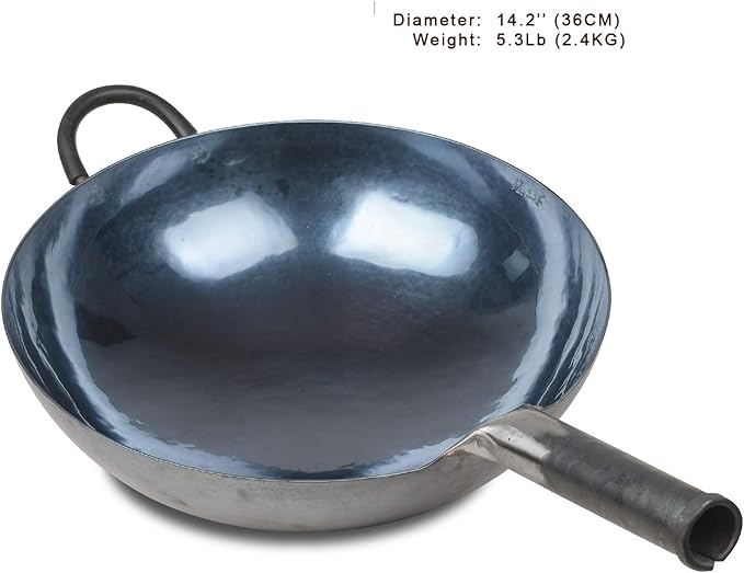 ?삡툒??ZhenSanHuan Chinese Hand Hammered Iron Woks and Stir Fry Pans, Non-stick, No Coating, Carbon Steel Pow (36CM, BlueBlack Seasoned with help handle)