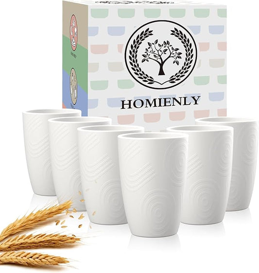 Homienly Kitchen Cups 12 OZ Wheat Straw Drinking Glasses?밬nbreakable, Lightweight & Reusable Alternative to Plastic Cups,Dishwasher Safe Cups for Kitchen & Outdoor Use (White, 6 PCS)