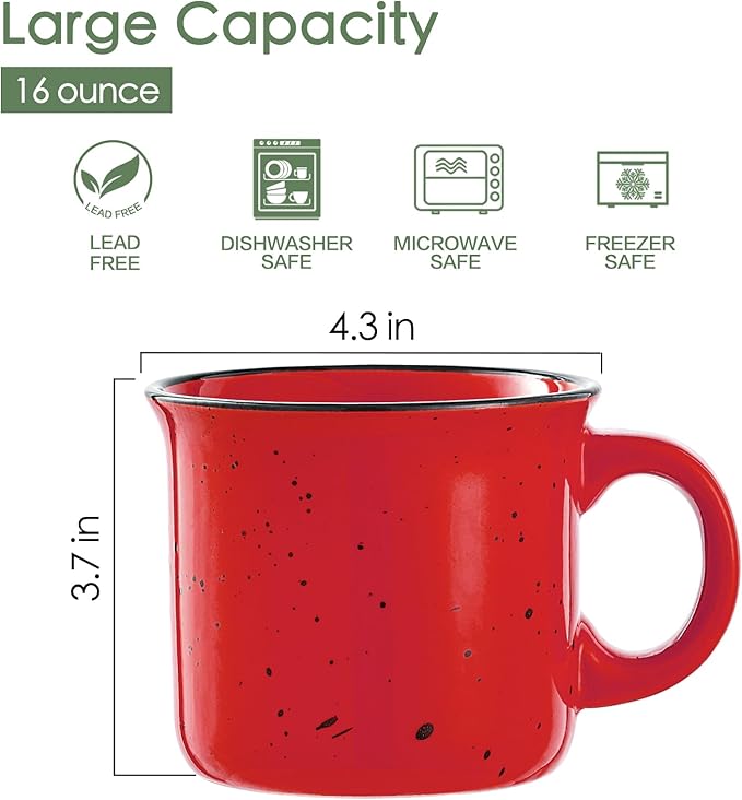 bestone Coffee Mugs Set of 4竊?6 oz Large Coffee Mugs, Ceramic Mugs with Handles,Salad,Noodles etc Coffee Mugs, Cups for Coffee Cereal Latte 竊똌icrowave & Dishwasher safe竊똓ed