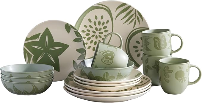 Corona 16?뱎iece Green Tropical Fruit Design Ceramic Dinnerware Sets | Plates, Bowls and Mugs | Service For 4 | Frutto