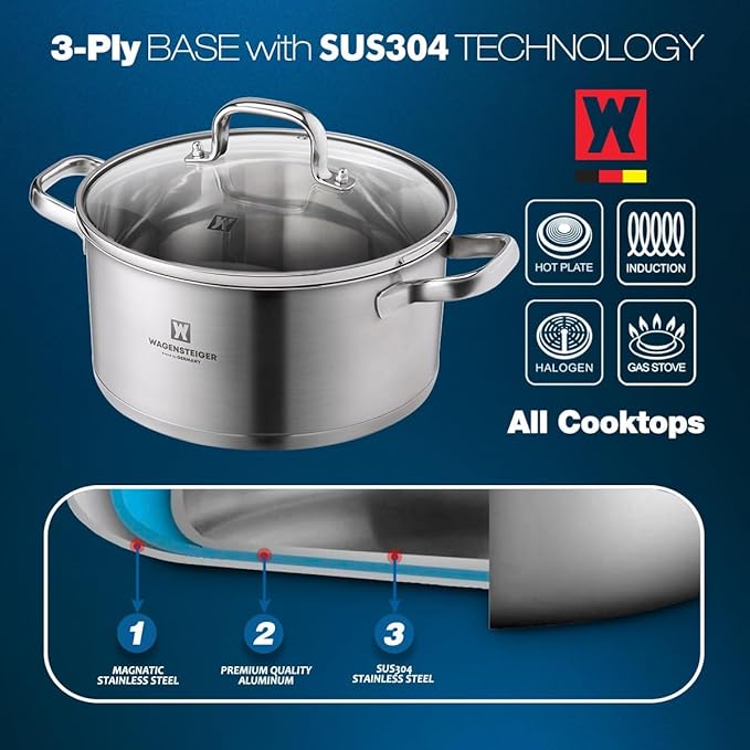 7.27-Quart Dutch Oven, Stainless Steel 3-Layer Construction with Aluminum Core, Tempered Glass Lid, Spacious Stock Pot for Boiling, Stewing, Canning ??For All Stovetops (9.84" Diameter)