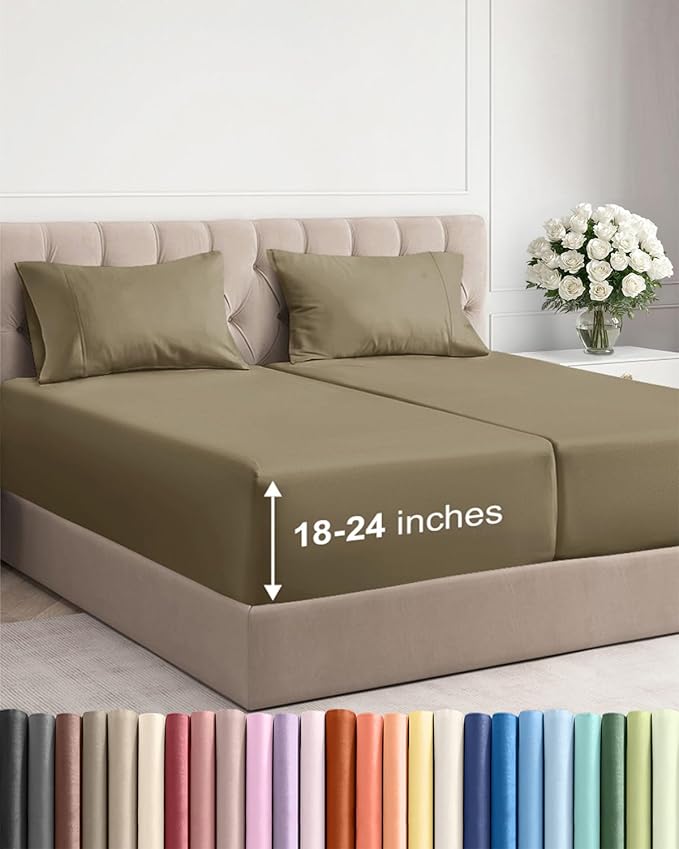 Extra Deep Pocket Split King Sheets - 5 Piece Breathable & Cooling Bed Sheets - Hotel Luxury Bed Sheet Set - Soft, Wrinkle Free & Comfy - Easily Fits Extra Deep Mattresses - Deep Pocket Khaki Sheets