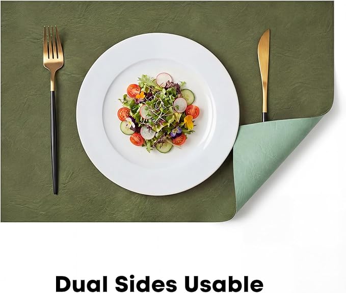 Artoid Mode Olive Green Faux Leather Placemats Set of 6, 12x18 Inch Waterproof Wipeable Heat Resistant Place Mats, Reversible Table Mats for Kitchen Dining Decor