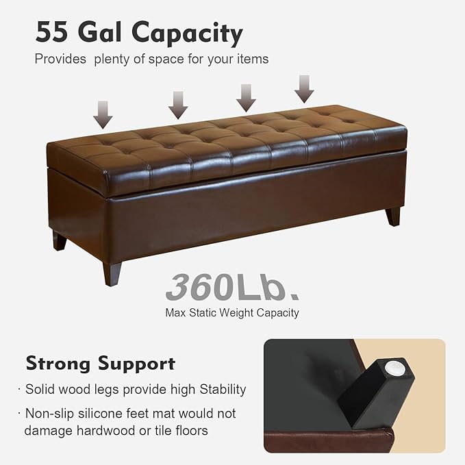 DECO DE VILLE Ottoman with Storage, 51 Inch Large Ottomans Storage Bench,Faux Leather Upholstered End of Bed Bench with Hinged Lid, Long Foot Rest Stool for Living Room Bedroom, Brown