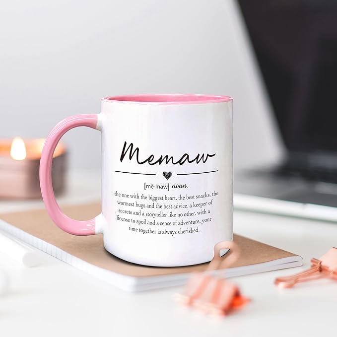 QASHWEY Memaw Gifts Coffee Mug, Mothers Day Coffee Mug Gifts for MemawGrandma, Grandma Gifts CoffeeMugs, Memaw Mugs Tea Cup Gift for GrandmaMemaw, Memaw Definition Coffee Cups Ceramic 11oz(Pink)
