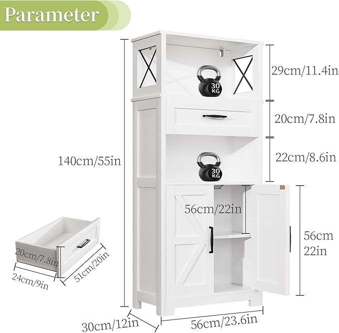 55" Tall Kitchen Pantry, Farmhouse Storage Cabinet with Doors, Shelves and Drawer, Rustic Wood Cupboard for Kitchen, Dining Room (White)