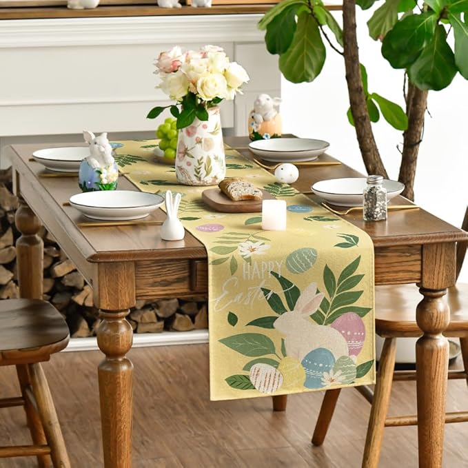 Artoid Mode Yellow Bunny Eggs Leaves Flowers 210 GSM Easter Table Runner, Seasonal Spring Kitchen Dining Table Decoration for Home Party Decor 13x72 Inch