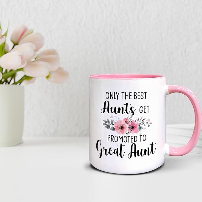 QASHWEY Great Aunt to Be Gifts Coffee Mugs Mug, Funny Pregnancy Announcement Gifts for Auntie New Great Aunt, Get Promoted to GreatAunt Double Side Printed Ceramic Mug Cup 11 Ounce(Pink)