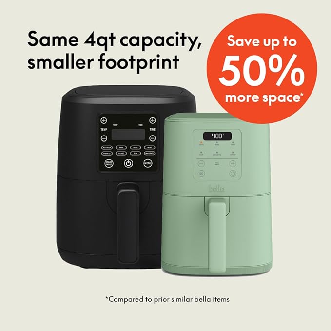 bella 4Qt Slim Air Fryer, Fits-anywhere??Kitchenware, EverGood??Ceramic Nonstick Coating, Adjustable Temperature, 6 Preset Cooking Options, 60 Min Auto Shutoff w Audible Tone, 3.3lb Capacity, Seaglass
