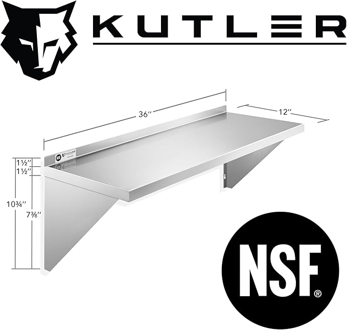 KUTLER Stainless Steel Shelf - 12" x 36", NSF Commercial Wall Mount Shelves with Backsplash, Floating Metal Shelving for Restaurant, Kitchen, Home