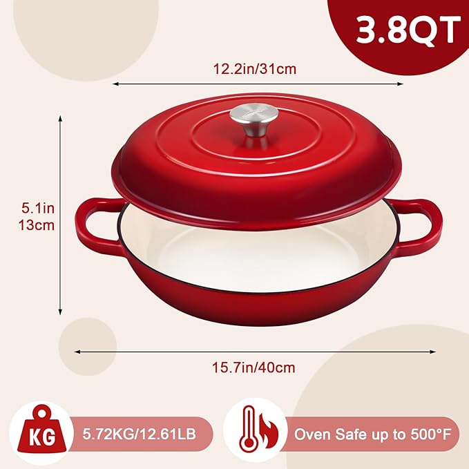 Overmont Enameled Cast Iron Dutch Oven - 3.8 Quart Dutch Oven Pot with Lid - Shallow Cookware Braising Pan - Cast iron Casserole with Cookbook & Heat-resistant Caps - Oven Safe up to 500째 F