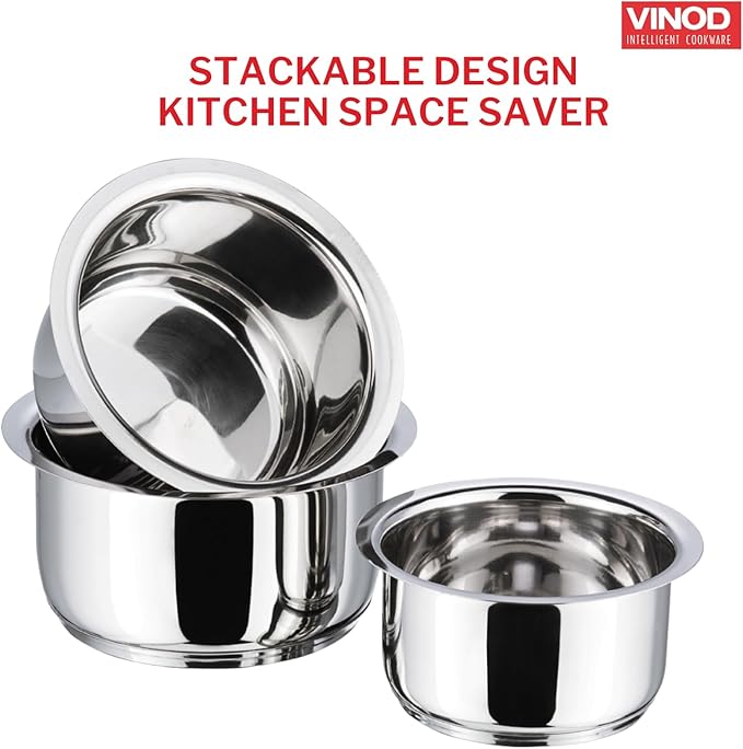 Vinod Stainless Steel 3 pc Pot Set with Capacity of 1.4 litres, 1.8 litres & 2.2 litres with Stainless Steel Lids (Gas Stove and Induction Friendly) - Silver,