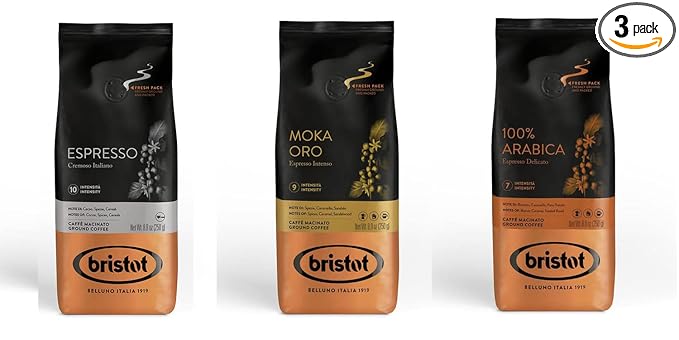 Bristot Italian Espresso Ground 250g Each: Cremoso Italiano + Moka Oro + 100% Arabica, Medium Roast