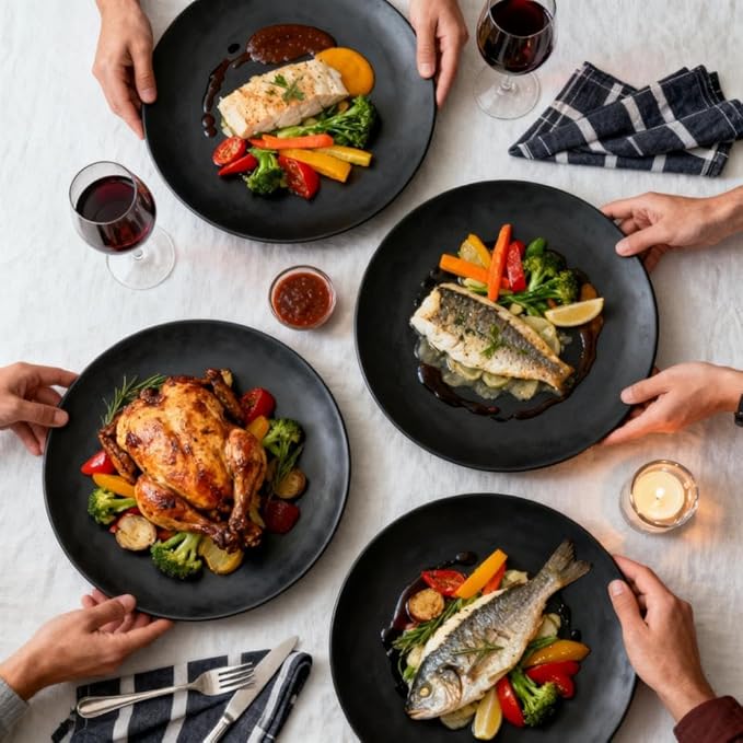 24-Piece Wheat Straw Plates and Bowls Set for 6, Black Unbreakable Dinnerware, Dishwasher & Microwave Safe, Reusable Eco-Friendly BPA-Free for Picnic Birthday Camping Outdoor Dining