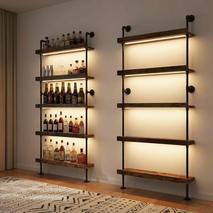 Wall Mounted Wine Rack with LED Light,5-Tiers Liquor Bottles Floating Shelves Display Storage Organizer for Home Bar & Dining Room (24INCH-LED)