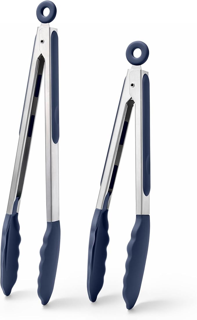 Doosu Kitchen Tongs for Cooking - 600째F Heat Resistant Food Tong Set with Non-Scratch Silicone Tips, Heavy Duty Stainless Steel Locking Tong for BBQ, Grilling Steak, Serving Salad (9+12in, Navy Blue)