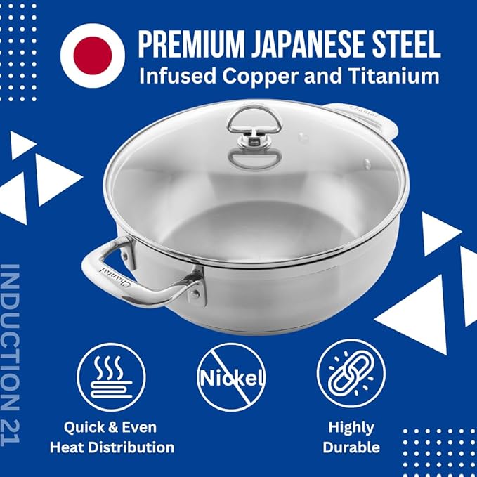 Chantal Induction 21 Steel 5 quart Chef's Pan with Tempered Glass Lid, Brushed Stainless Steel