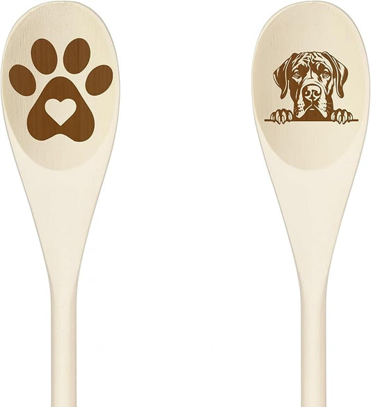 GREAT DANE Wooden Spoons for Cooking, Serving or Decorative Kitchen Utensils Set Dog Lover Dog Mom/Dad Gift with Peeking Dog Designs, Paw Print and Dog Head, Kitchen Utensils Set of 2