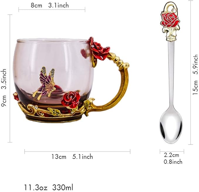 Luka Tech Enamel Butterfly flower Lead-free Glass Coffee Mugs Tea Cup with Steel Spoon, personalised Gifts For Women Wife Mom Girl Teacher Friends Birthday Mothers Valentines Day Wedding (Rose)