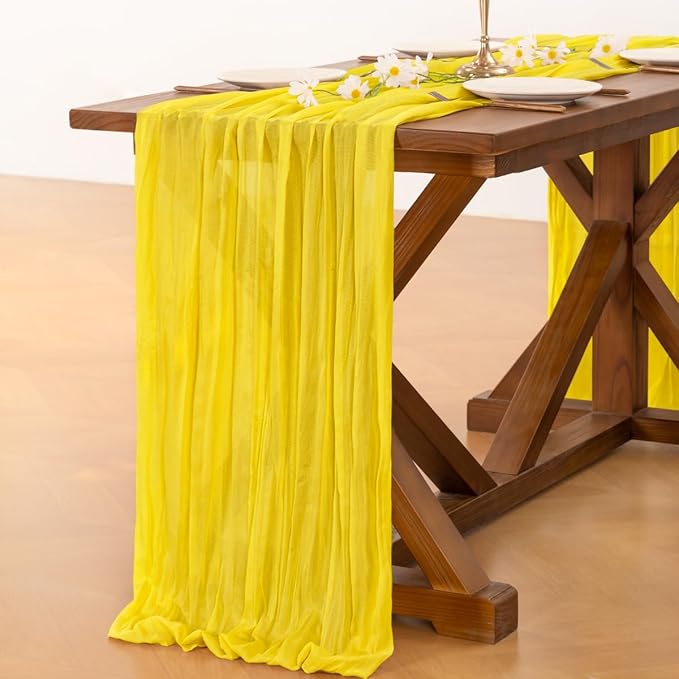 Socomi Yellow Cheesecloth Spring Table Runner Boho Rustic Gauze 120 inch 10FT Cheese Cloth Runner for Wedding Party Baby Shower Birthday Home Decor